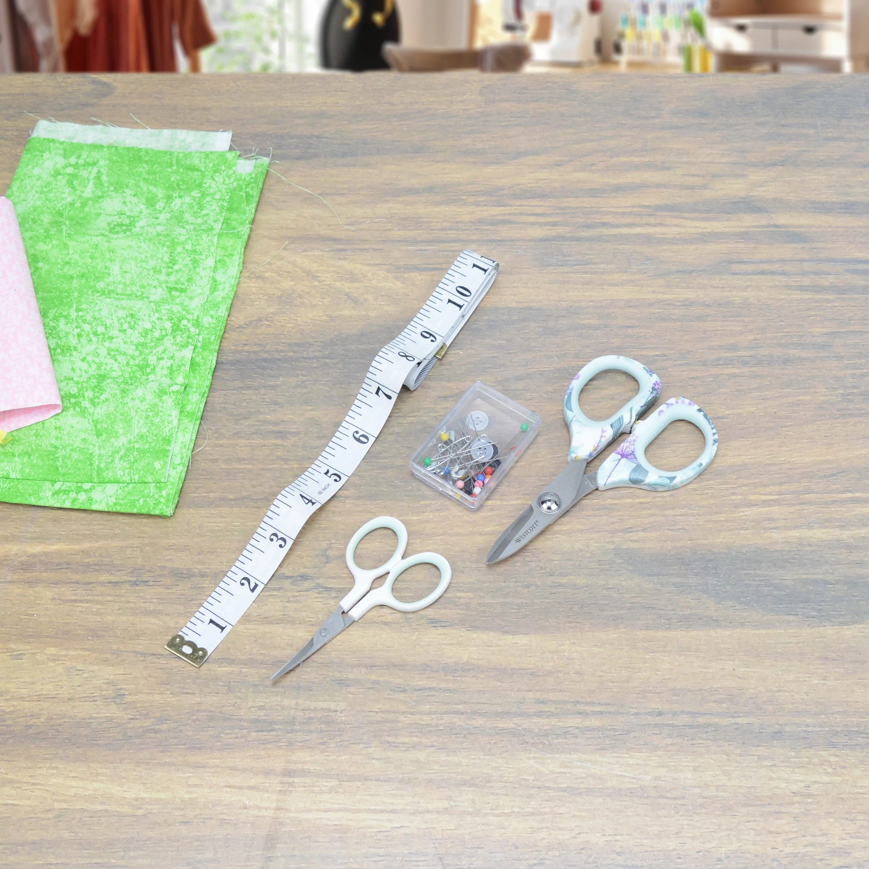Westcott 4-Piece Sewing Set with Rag Scissors, Embroidery Scissors, Tape Measure, Box of Pins and Buttons for Fabric, Quilting, and Sewing Projects (00764-Parent) - Image 4