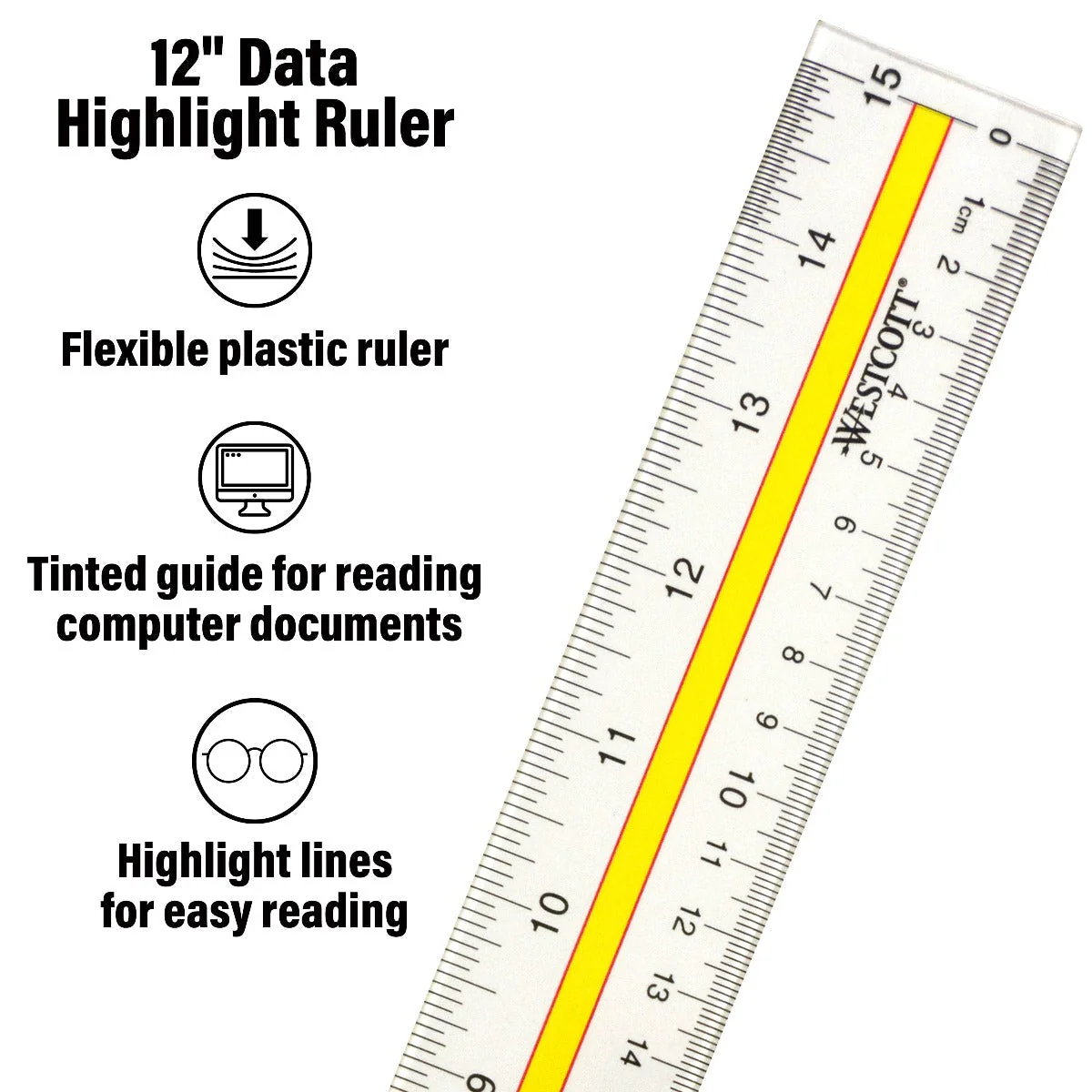Westcott Acrylic Data Highlight Reading Ruler With Tinted Guide, 15" Clear (10580) - Image 5